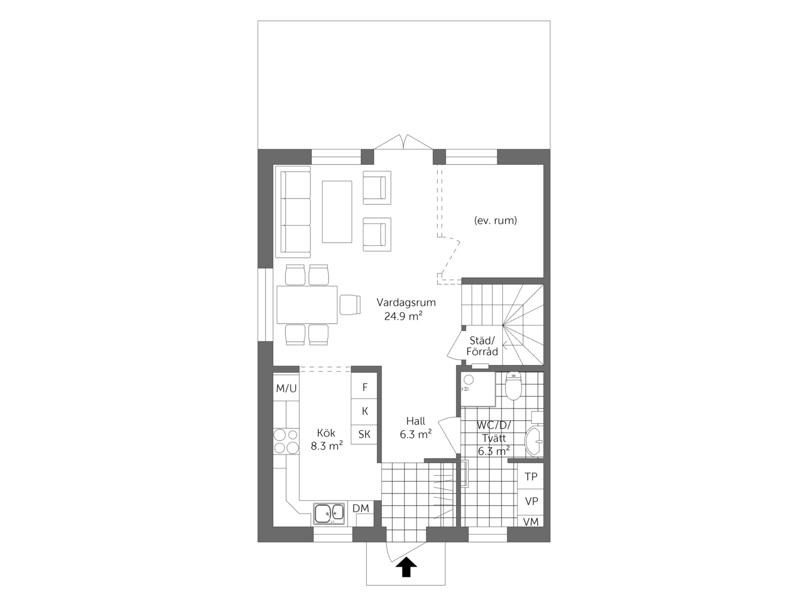 Förkortningarna på planritningen och vad de betyder 1 Utsnitt av en planritning med förkortningarna M/U, F, K, SK och DM i köket
