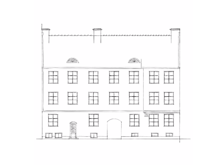 Planritning 13 Handritad fasadritning av ett flerbostadshus i tre våningar med port