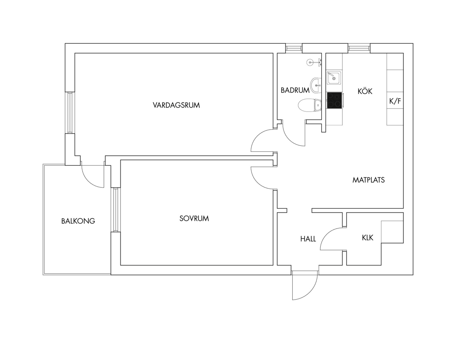 Förkortningarna på planritningen och vad de betyder 2 Planritning i 2D av en lägenhet med kök, vardagsrum, sovrum, hall och balkong