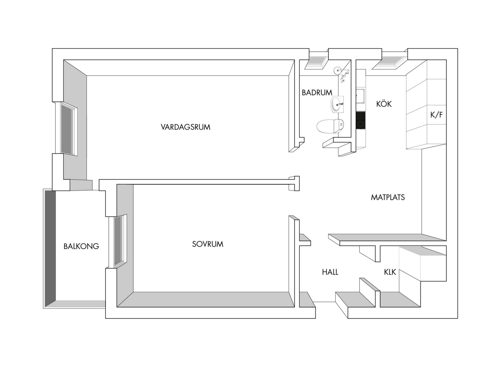 Planritning 3 Samma lägenhet som planritning i 3D med väggar i höjd och skuggor