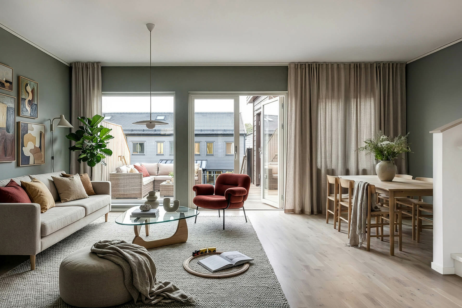 Digital styling 12 Samma vardagsrum stylat med gröna väggar och röd fåtölj