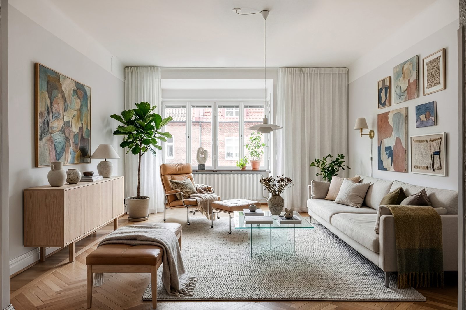 Samma vardagsrum med soffa, fåtölj, glasbord och tavelvägg efter digital styling