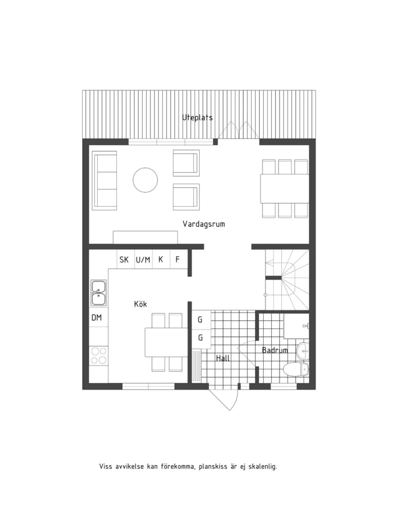 Planritning 9 Planritning med möbler, klinkergolv i hall och badrum och trädäck på uteplatsen