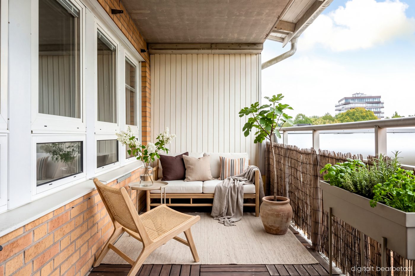 Vad är e-styling? 3 Inglasad balkong med soffa, matta och växter