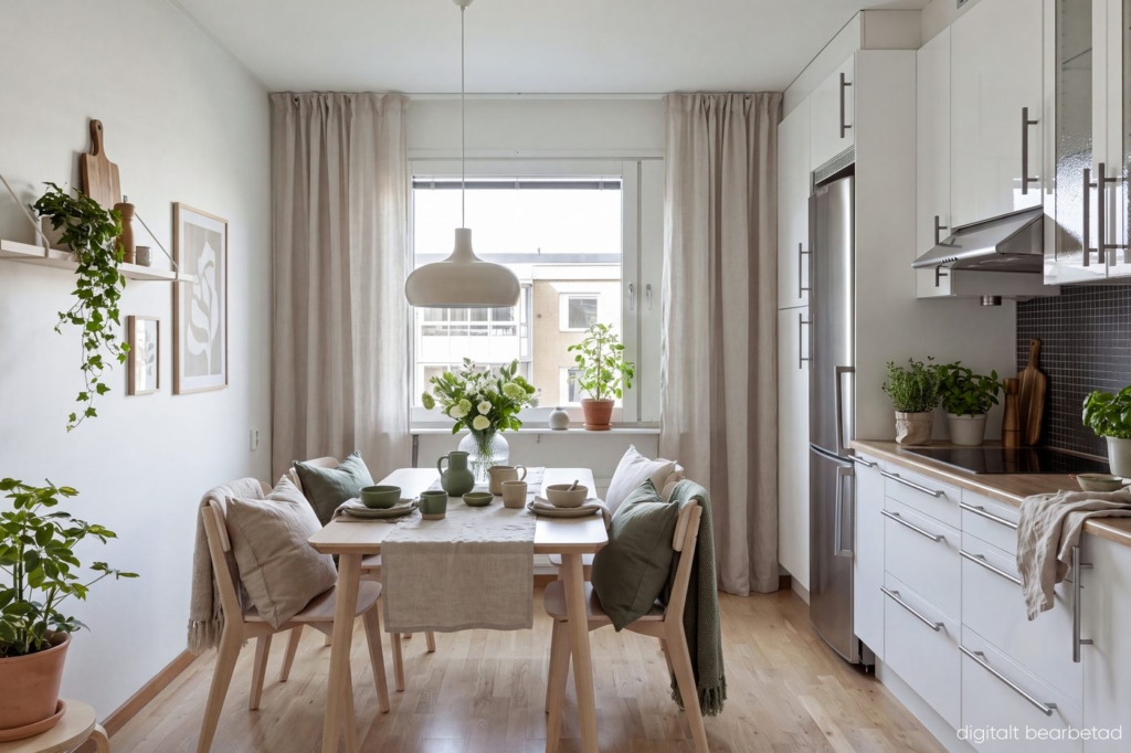 Vad är e-styling? 3 Kök med matbord, stolar, växter och textilier