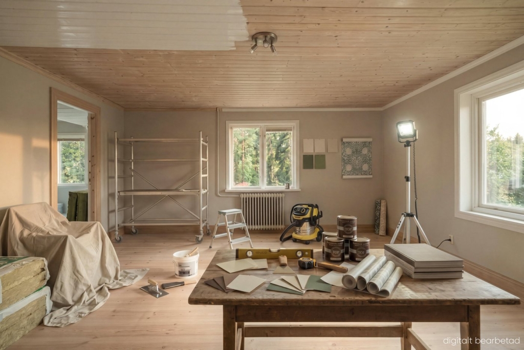 Vad är e-styling? 7 Rum med skyddstäckt fåtölj, isolering, byggställning, färgburkar och tapetrullar