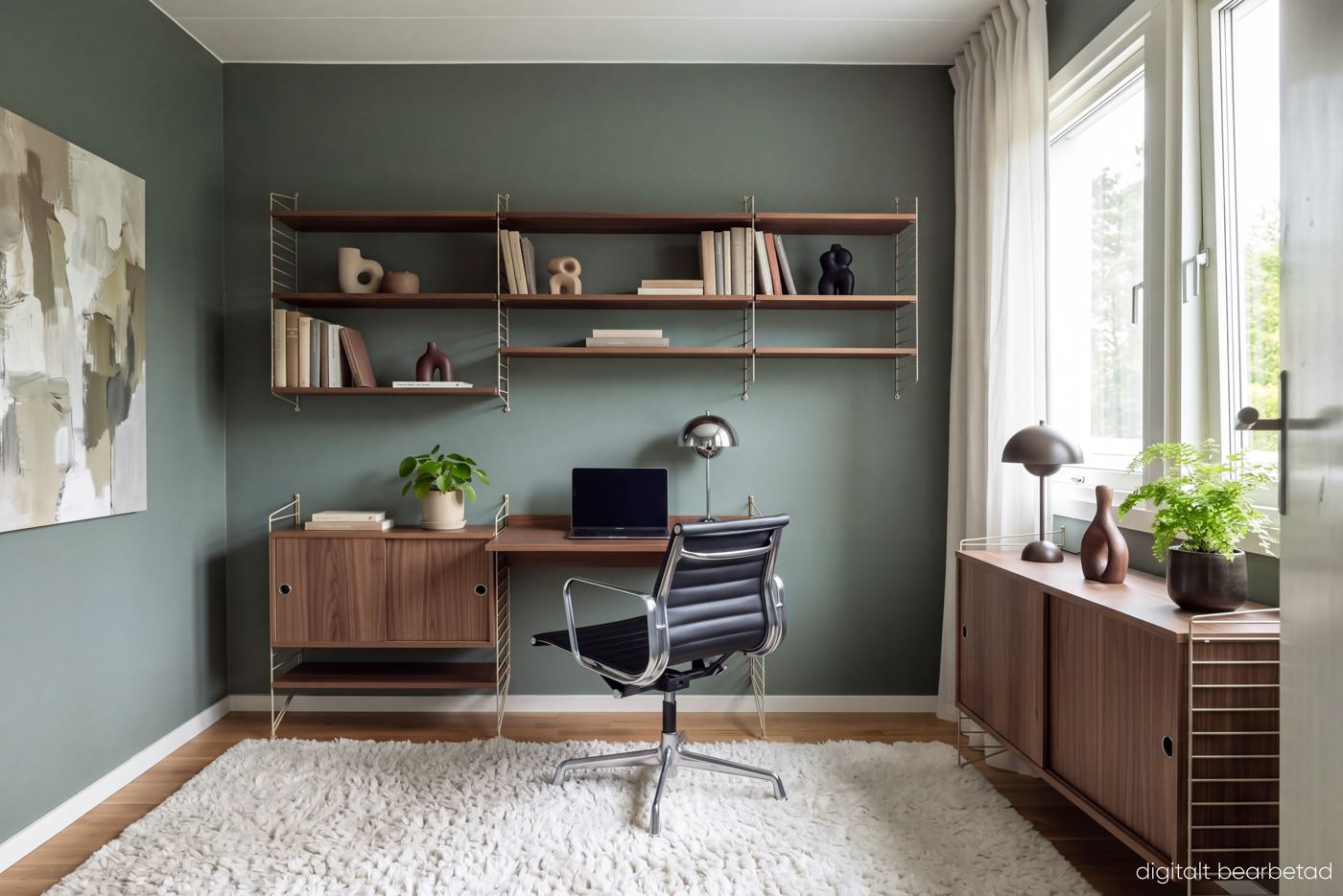 Visualisering eller digital styling? Så väljer du 6 Samma rum inrett som arbetsrum med skrivbord och hyllor