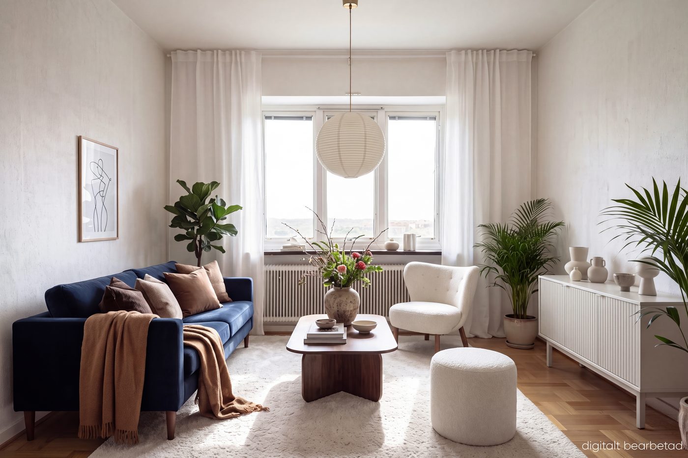 Samma vardagsrum med soffa, fåtölj och växter efter Visualisering